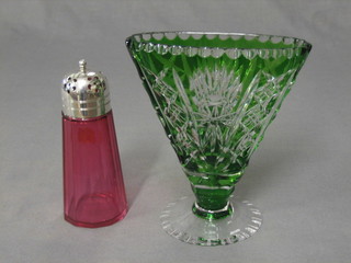 A fan shaped green overlay glass vase 6" (small chip) and a cranberry glass sugar sifter 5"