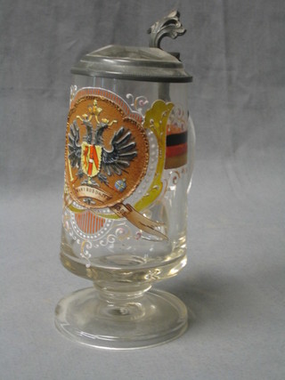 A 19th Century  lidded glass stein with pewter mounts, decorated a double headed eagle and marked 1848 Vair Busunitis 1809