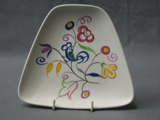 A triangular shaped Poole Pottery dish, the base with Dolphin mark and monogrammed LE 6"