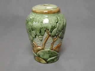 A stylised pottery lamp base in the form of trees, base marked Made in England, 7"
