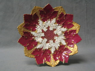 A red and gilt pattern Meissen leaf shaped dish, the base with crossed swords mark and incised 39, 9"