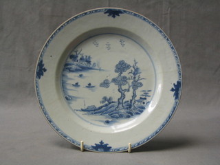 An 18th Century Oriental blue and white plate decorated an island with trees and boat 9"