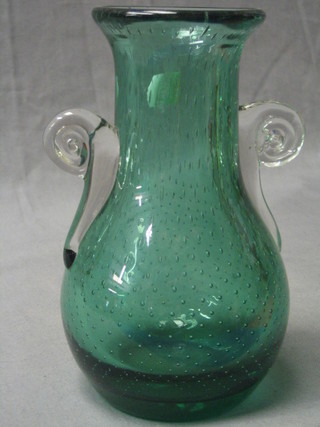 A green bubble glass twin handled vase 7"
