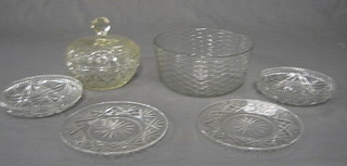 A circular cut glass powder bowl and cover 5", 2 circular cut glass bowls 5", a glass bowl 6" and 2 circular cut glass saucers 7"