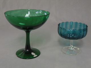 A green glass pedestal bowl 8" and a blue glass pedestal bowl 5" 