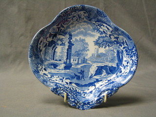 A blue and white shaped pottery dish the base impressed MAR, 8"