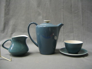 A 19 piece blue glazed Poole Pottery tea service comprising 4 plates 7", 6 cups (1 chipped) and 6 saucers (2 with chips), cream jug and sugar bowl