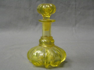 A 19th Century yellow glass cone shaped scent bottle and stopper 5"