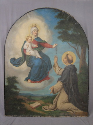 A pair of Victorian arch shaped oil paintings on canvas "Christ and The Virgin Mary and The Virgin Mary in Ascendance with Kneeling Saint" 77" x 59"
