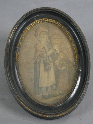 An 18th/19th Century monochrome print "Two Standing Children" 6" oval