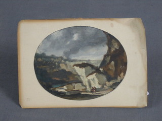 An 18th Century naive watercolour drawing "Mountain Scene with Figures" monogrammed PD 4" oval