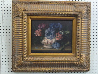 Galley, 20th Century oil painting on canvas, still life "Bowl of Hydrangeas" signed and dated 1995 7" x 9 1/2"
