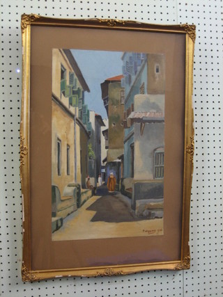 P Wiggins, oil painting on card, "Eastern Street Scene with Figures and Buildings" signed and dated 1930 19" x 12"
