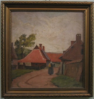 W Kappler, Continental oil on board "Farm Buildings with Peasant" 18" x 17"
