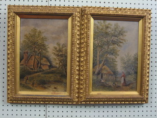 A pair of 19th Century oil paintings on canvas "Rural Scenes with Figures Walking and a Lady Feeding Chicken"  monogrammed A J, 11" x 7 1/2"