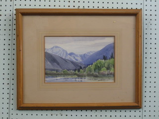 Hilda Steivant, watercolour drawing "Alpine Scene with Lake and Mountain in Distance" 7" x 10"
