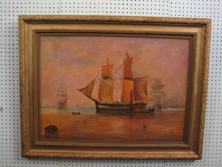 W William Hawkin, after P R Bonnington, oil painting on board "Clippers at Anchor" 19" x 27"