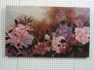 L Moreton? oil painting on canvas, still life "Flowers" 18" x 30"