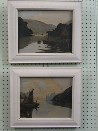 G F Thomas, naive school, a pair of oil paintings on canvas "Castle with Fishing Boats and Loch with Fishing Boats" 7" x 10"