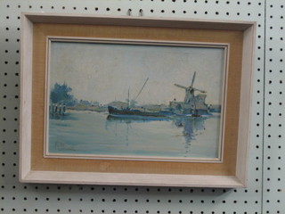Matt Bruce, oil painting on board "Canal with Barge and Windmill" 7" x 11"