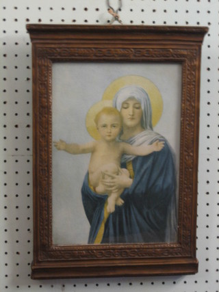 A coloured print "Standing Virgin Mary with Christ" contained in a gilt wooden and plaster frame 12" x 9"