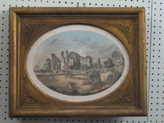 A 19th Century pencil drawing "Ruined House with Cattle and Figures" 8" oval