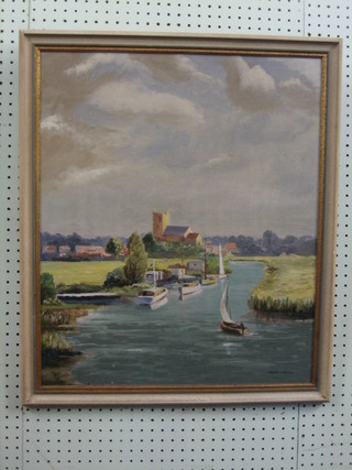 Frank W Tring, oil painting on board "Canal with Sailing Boats and Church in Distance" 23" x 19"