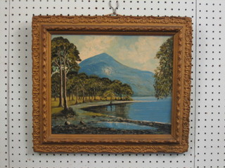 E M Noven, oil painting on board "Mountain by a Lake" 10" x 12"