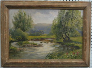 Bakewell, oil painting on board  "Country River with Trees and Field in Distance" 11" x 16" signed and dated 1946