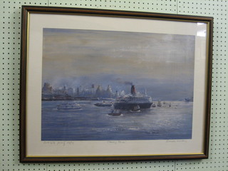 Frank Hendry, artists proof, impressionist study of QEII arriving in dock "Coming Home" 17" x 23"