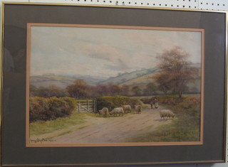 George Oyston, watercolour "Downland Scene with Lane and Figures with Sheep" 13" x 19" signed and dated 1921