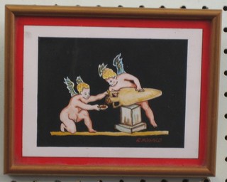 R Monaco, watercolour "Two Cherubs with an Amphora" 3 1/2" x 5"