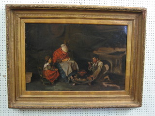 18th/19th Century Continental oil painting on board "Seated Elderly Lady with Children" 19" x 29"
