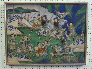 An Oriental painted silk and collage panel depicting fighting warriors 18" x 24"