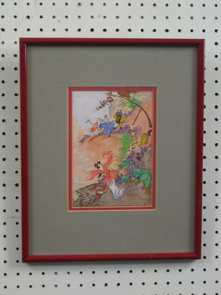 20th Century Oriental watercolour "Maiden Being Pursued by Warriors and Court Figures" 7" x 4 1/2"