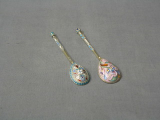2 Russian silver gilt and enamel teaspoons,