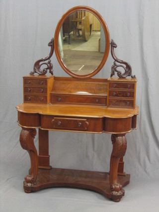 A Victorian mahogany Duchess dressing table with oval mirror above 1 long and 6 short glove drawers, the base fitted a drawer and raised on cabriole supports 42"