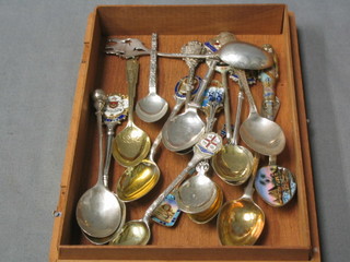 3 silver and enamel souvenir spoons, a Sterling silver souvenir spoon and 13 other spoons