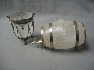 A silver plated basket frame with frosted glass dish 5", a crackle glazed glass barrel 6"