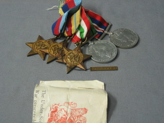 A group of 5 medals comprising 1939-45 Star, Africa Star with bar 8th Army, Italy Star, Defence and War medal together with certificate of award