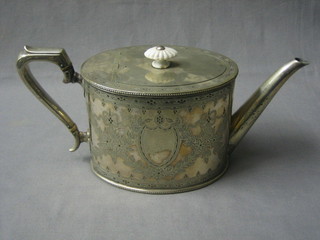 An oval engraved silver plated teapot, repair to spout