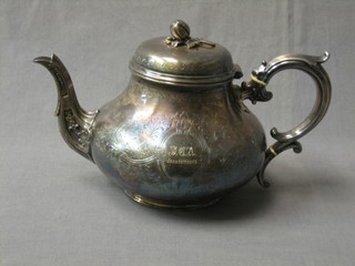 A Victorian engraved silver plated melon shaped teapot by Elkingtons, inscribed