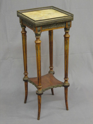 A 19th Century French walnut square 2 tier jardiniere stand with white veined marble top (cracked), with pierced brass gallery, raised on turned supports 12"