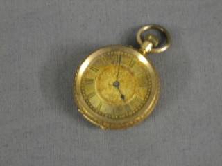 A lady's Continental open faced fob watch contained in chased 18ct gold case