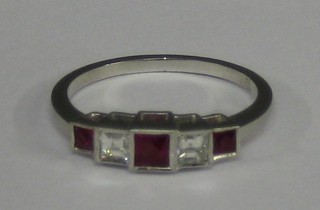 A lady's 18ct white gold dress ring set 3 square cut rubies and 2 square cut diamonds