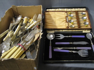 A set of 6 silver plated bean end coffee spoons and miscellaneous silver plated flatware etc
