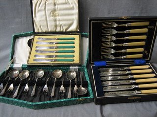 A 6 piece silver plated Old English pattern fruit service cased, 6 silver plated fish knives and forks, 6 silver plated tea knives all cased