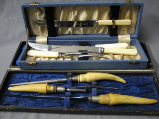 A 3 piece carving set with horn handle and 1 other cased