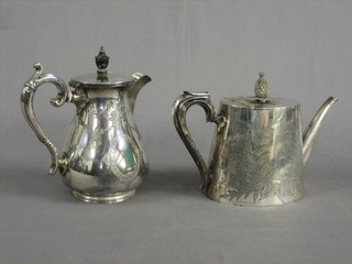 A Victorian oval silver plated and engraved teapot with pineapple finial by Mappin & Webb and a Britannia metal hotwater jug