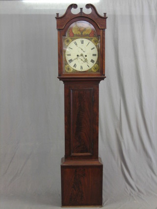 An 18th Century 8 day longcase clock, the arch shaped dial with spandrels and painted flowers, having a minute indicator and calendar hand, the 14" dial marked PT Glasgow, contained in a figured mahogany case 83"